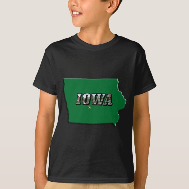 Iowa State Map Green Outline & Photo Text Kids' T-Shirt (Front)