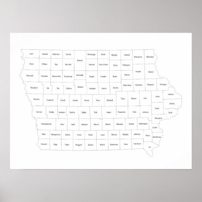 Iowa state map with county outlines and names poster (Front)