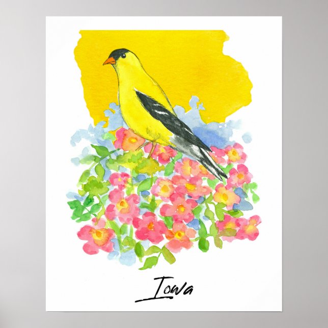 Iowa State Shape Goldfinch Pink Wild Roses Poster (Front)