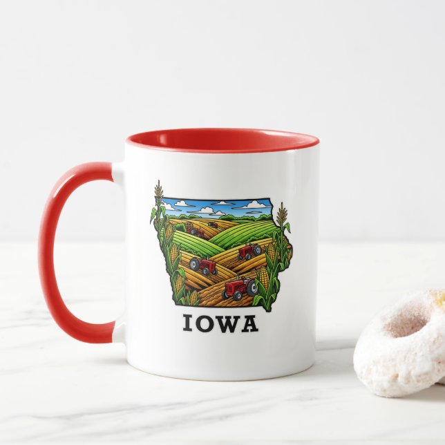 Iowa State Tattoo Style Cornfields Farmland Mug (With Donut)
