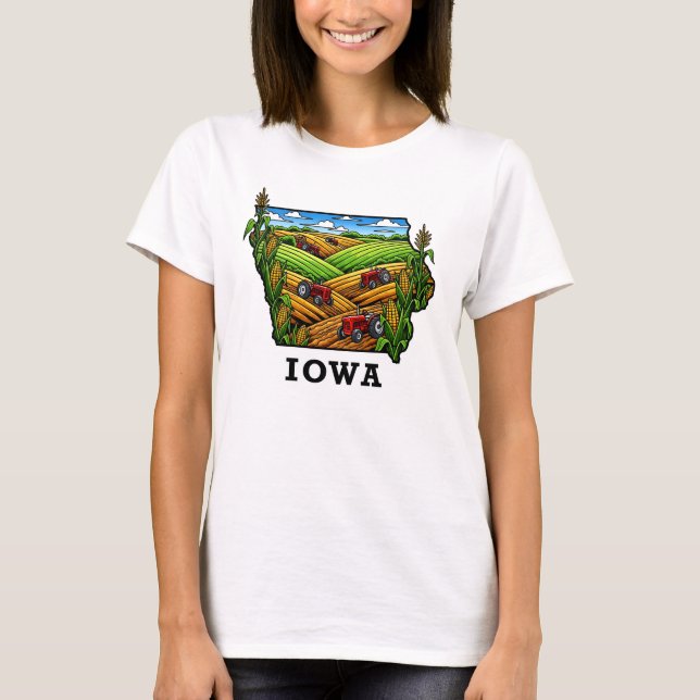 Iowa State Tattoo Style Cornfields Farmland T-Shirt (Front)