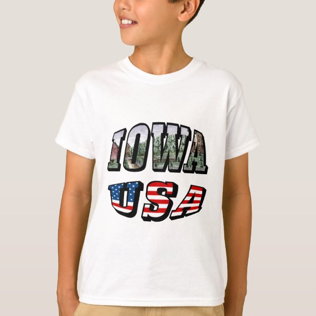 Iowa USA Flag & State Photo Text Kids T-Shirt (Front)