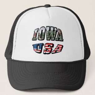 Iowa USA Flag & State Photo Text Trucker Hat