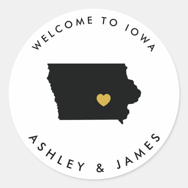 Iowa Wedding Welcome Sticker Tag, Gold & Black (Front)