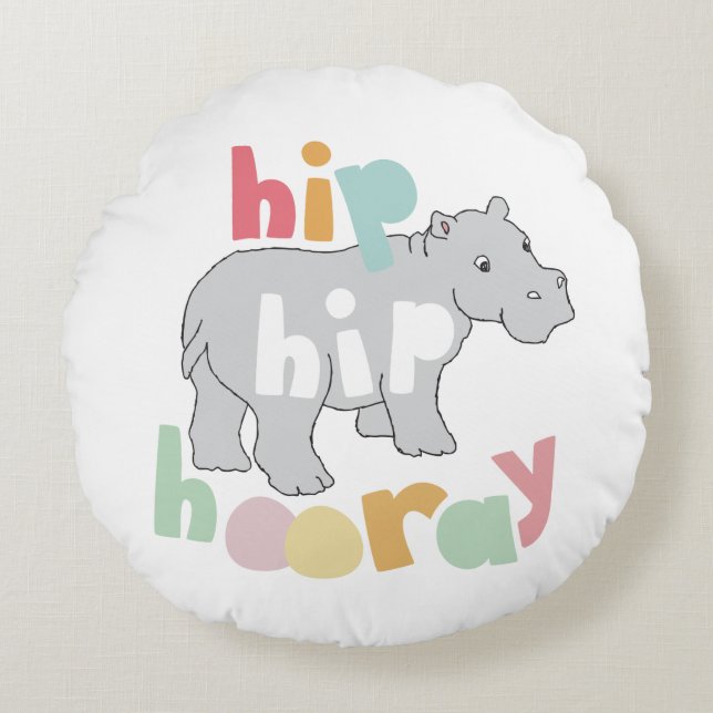 ip Hip Hooray Grey Hippo Drawing Cute Animal Art Round Cushion (Front)