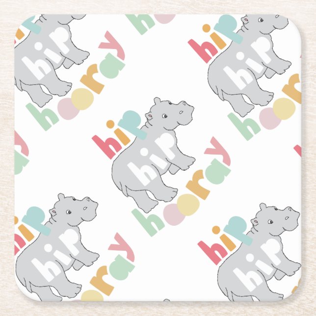 ip Hip Hooray Grey Hippo Drawing Cute Animal Art Square Paper Coaster (Front)