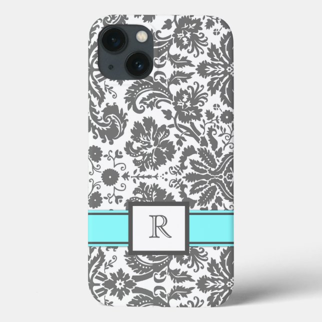 iPad Custom Monogram Grey Aqua Floral Damask Case-Mate iPhone Case (Back)