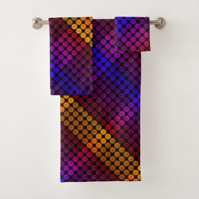 Ipanema colours circles on black, forming squares bath towel set (Insitu)