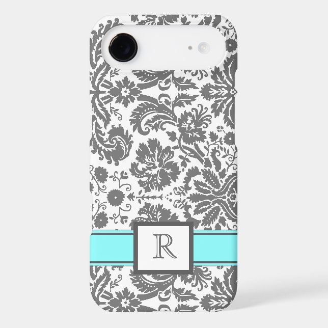 iPhone5 Custom Monogram Grey Aqua Floral Damask Case-Mate iPhone Case (Back)