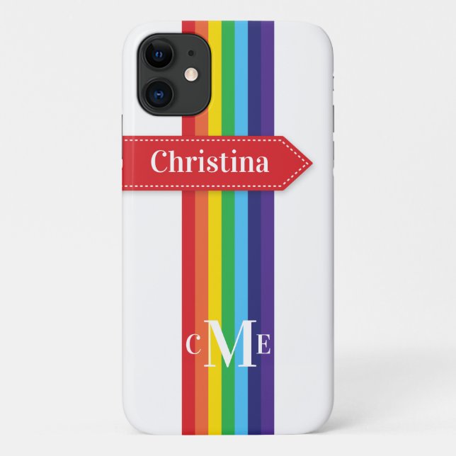 iPhone 11 Case | Rainbow Striped with Monogram (Back)