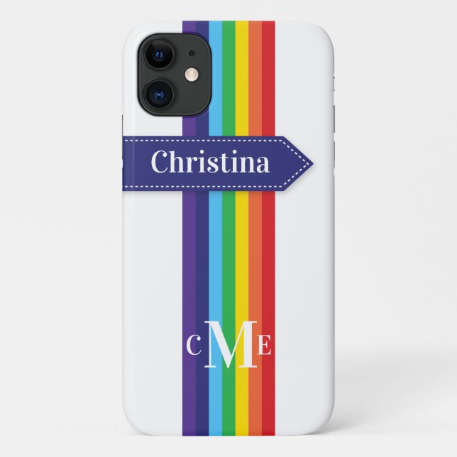 iPhone 11 Case | Rainbow Striped with Monogram (Back)