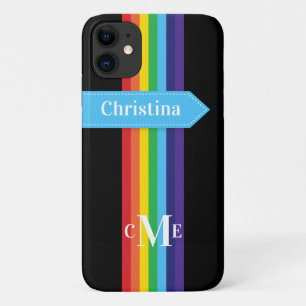 iPhone 11 Case Rainbow Striped with Monogram