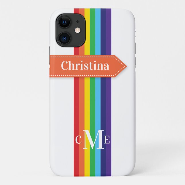 iPhone 11 Case | Rainbow Striped with Monogram (Back)