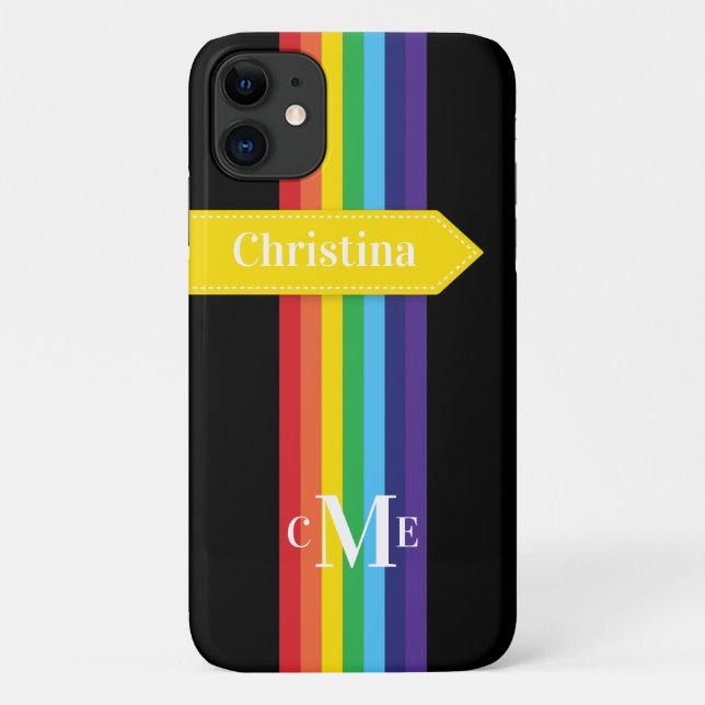 iPhone 11 Case | Rainbow Striped with Monogram (Back)