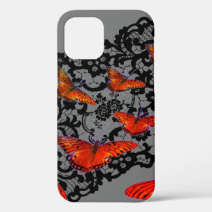 iPhone 12 ORANGE BUTTERFLIES ANTIQUE BLACK LACE Case
