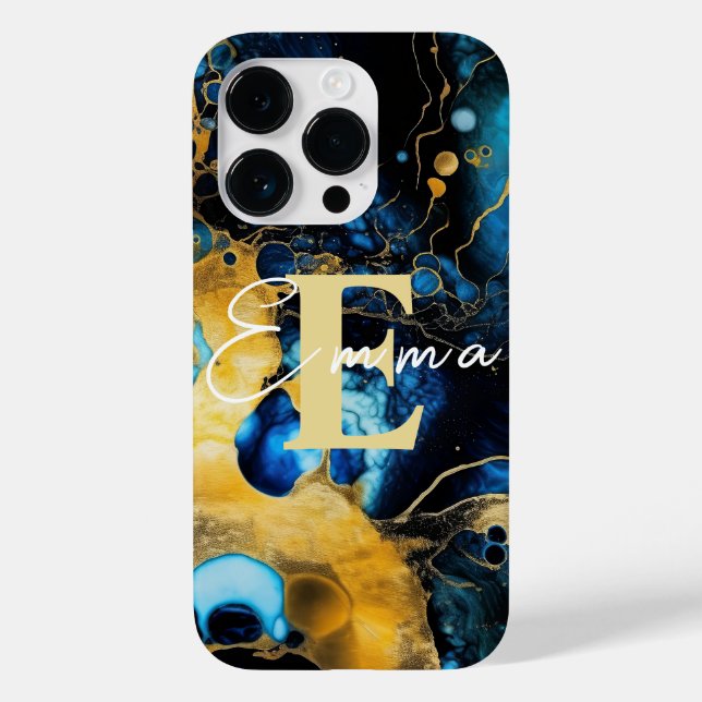 iPhone 14 Pro case with Blue & Gold Alcohol Ink (Back)