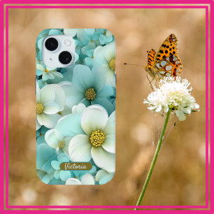 iPhone 15 Case Green & White Floral Design & Name