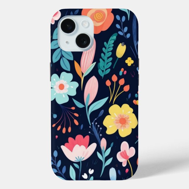 iPhone 15 Phone Case W/ Cartoon Art Floral Design (Back)