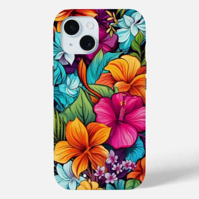 iPhone 15 Phone Case W/ Tropical Floral Design (Back)