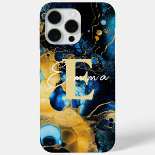 iPhone 15 Pro Max Case w Blue & Gold Alcohol Ink