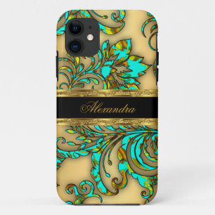 iPhone 5 Elegant Teal Gold Black Floral Damask iPhone 11 Case