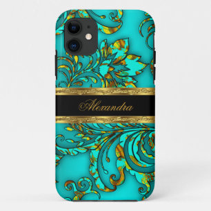 iPhone 5 Elegant Teal Gold Black Floral Damask iPhone 11 Case