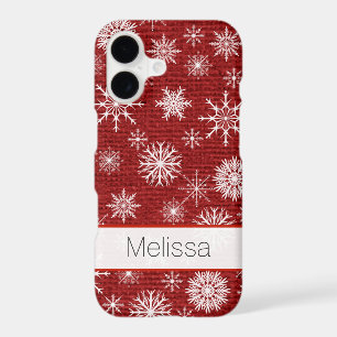 iPhone 7 Case FAUX Burlap, Snowflakes - Red
