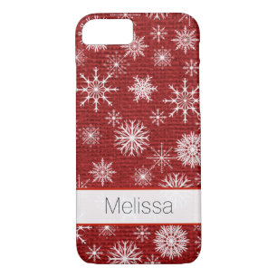 iPhone 7 Case FAUX Burlap, Snowflakes - Red
