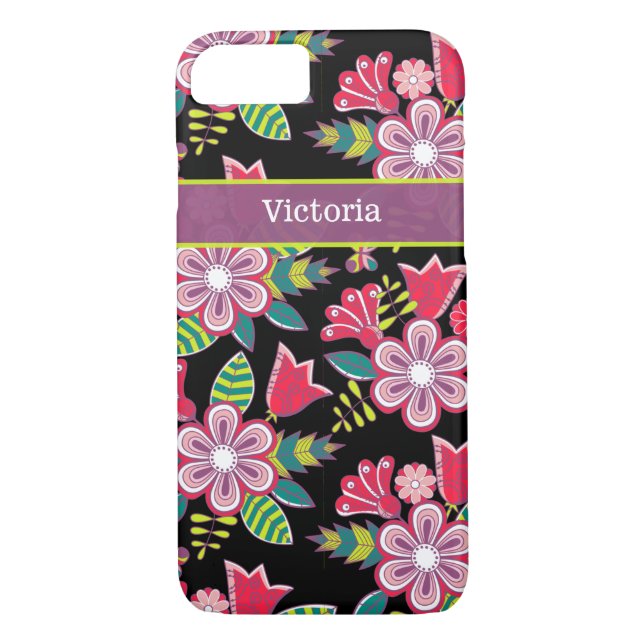 iPhone 7 Case | Flowers | Black Pink Mauve (Back)