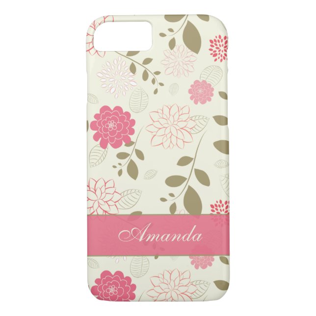 iPhone 7 Case | Flowers, Leaves | Pink Green Ivory (Back)