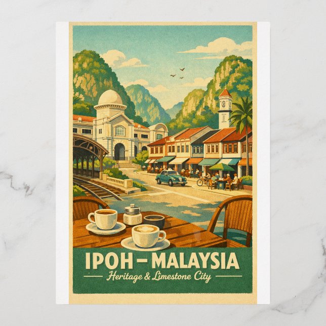Ipoh City, Malaysia retro travel Foil Holiday Postcard (Front)