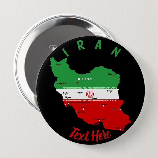 Iran Map with Flag and Emblem 10 Cm Round Badge (Front & Back)