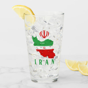 Iran Map with Flag and Emblem Glass