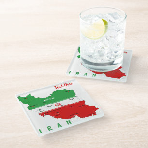 Iran Map with Flag and Emblem Glass Coaster