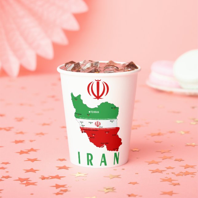 Iran Map with Flag and Emblem Paper Cups (Insitu)