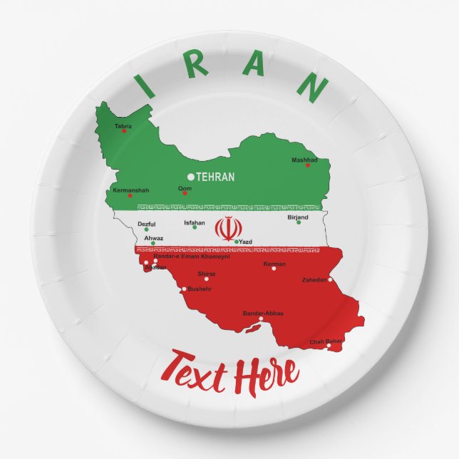 Iran Map with Flag and Emblem Paper Plate (Front)