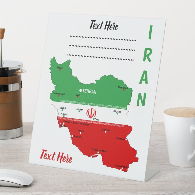 Iran Map with Flag and Emblem Pedestal Sign (In SItu)