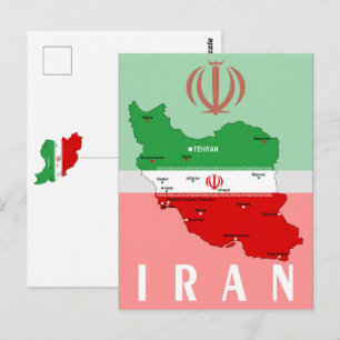 Iran Map with Flag and Emblem Postcard