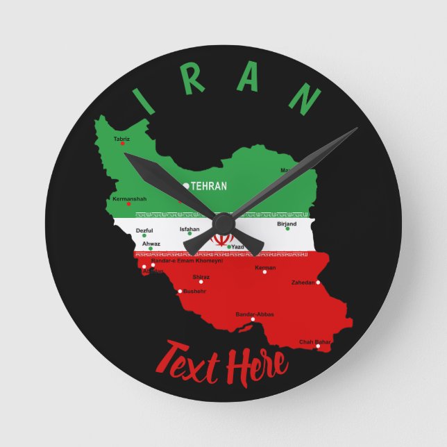 Iran Map with Flag and Emblem Round Clock (Front)