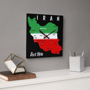 Iran Map with Flag and Emblem Square Wall Clock