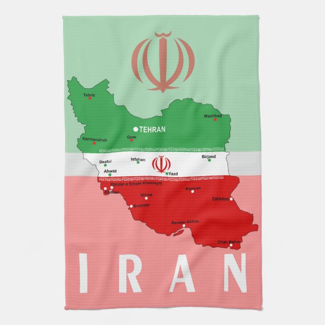 Iran Map with Flag and Emblem Tea Towel (Vertical)