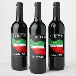 Iran Map with Flag and Emblem Wine Label