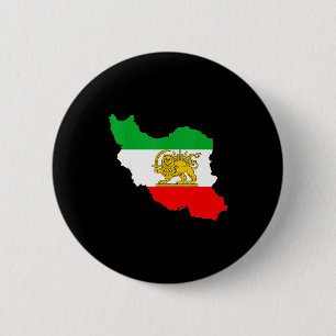 Iran map with lion and sun emblem, persian flag 6 cm round badge