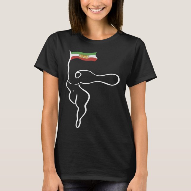Iranian WOMAN holding Iran Flag with Lion Sun & Sw T-Shirt (Front)