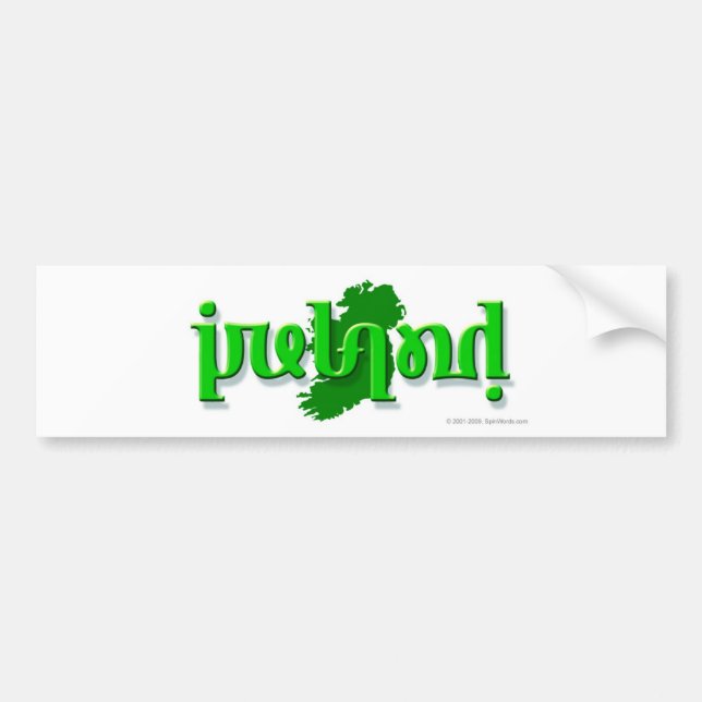 'Ireland' ambigram on a silhouette of Ireland Bumper Sticker (Front)