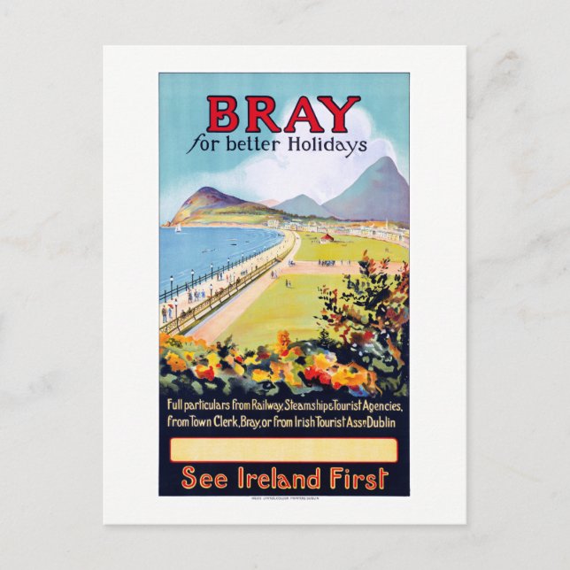 Ireland Bray Vintage Travel Poster Restored Postcard (Front)