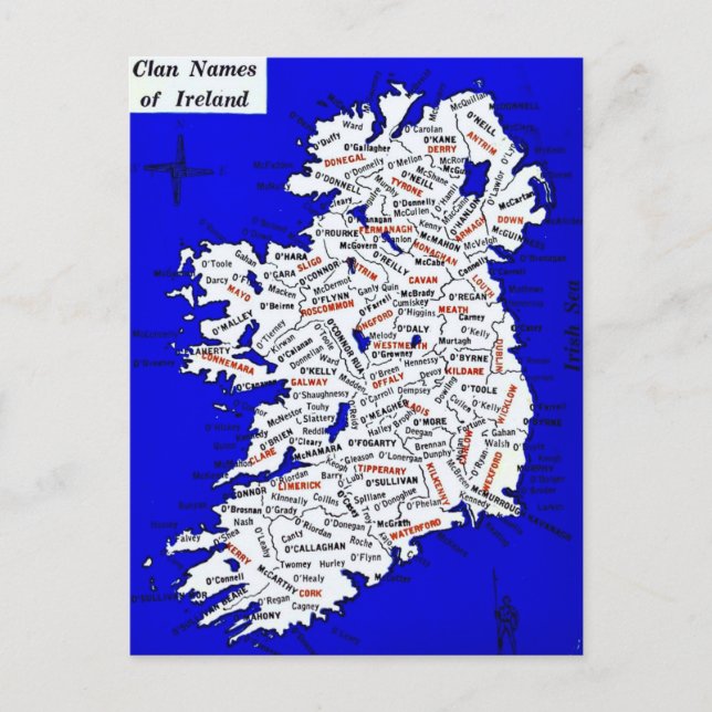 Ireland Clan Names Vintage Map Postcard (Front)