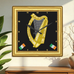 Ireland Clock, Gold Frame, Irish Harp, Vintage Square Wall Clock