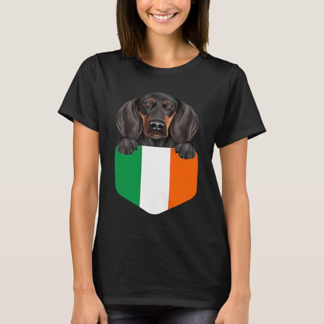 Ireland Flag Black and Tan Coonhound Dog In Pocket T-Shirt (Front)