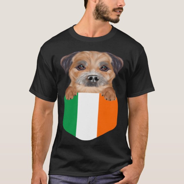 Ireland Flag Border Terrier Dog In Pocket T-Shirt (Front)